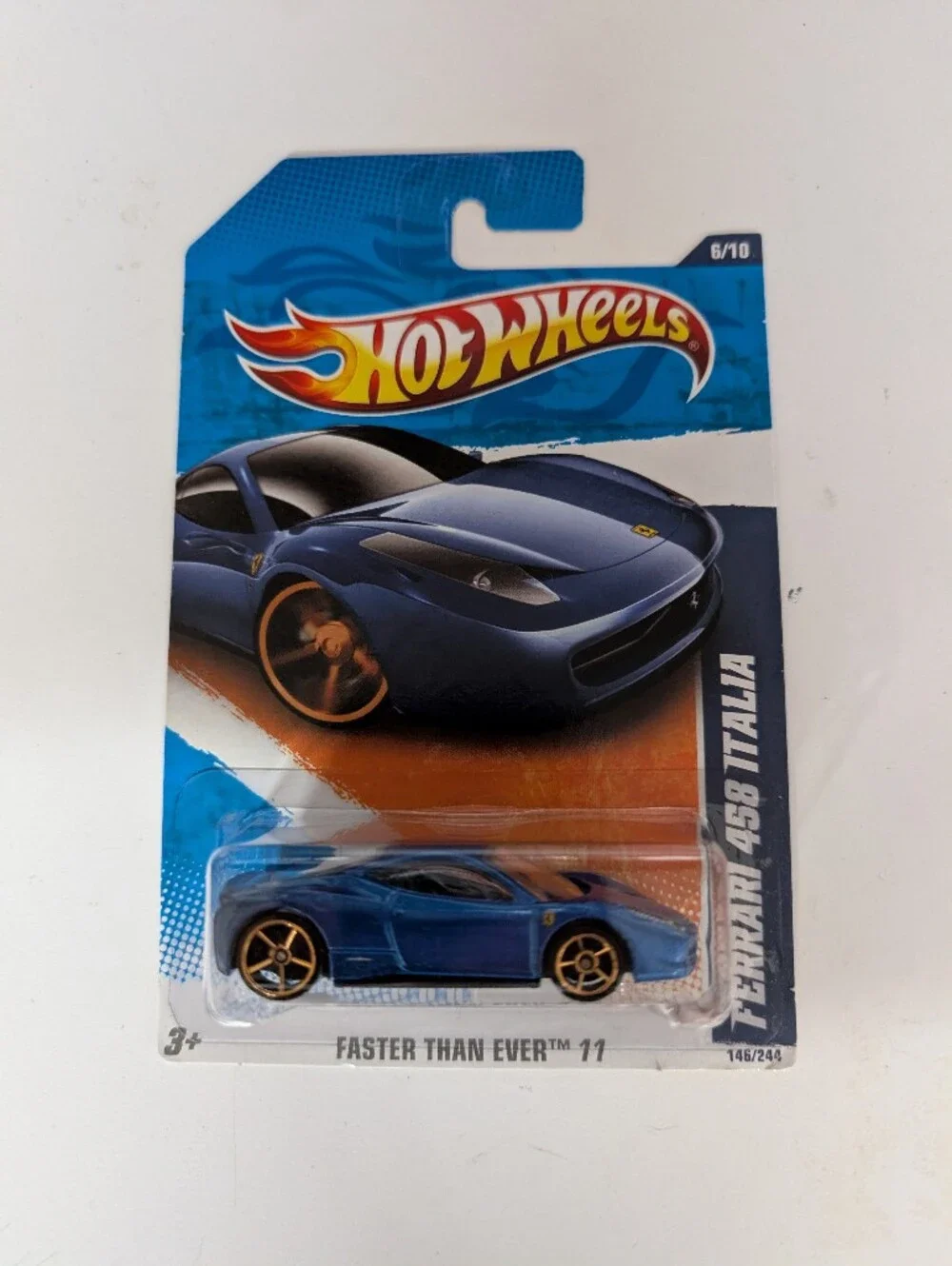 2011 HOT WHEELS BLUE FERRARI 458 ITALIA, FASTER THAN EVER '11, HW #146, VHTF